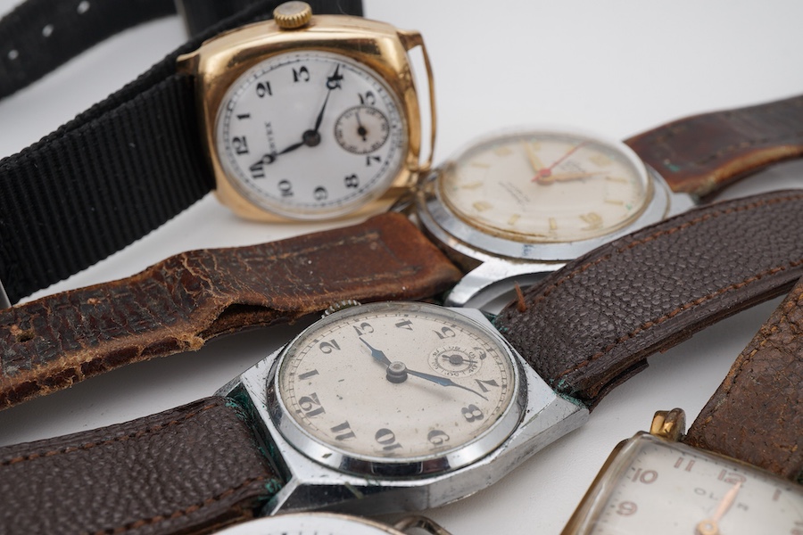 A gentleman's 1930's 9ct gold Vertex manual wind wrist watch, with Arabic dial and subsidiary seconds, case diameter 28mm, together with four other wrist watches including Geneva Sport and a silver fob watch.